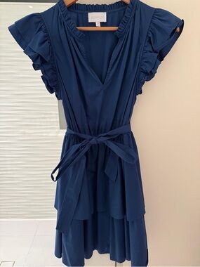 Navy Ruffle Sleeve V-Neck Dress